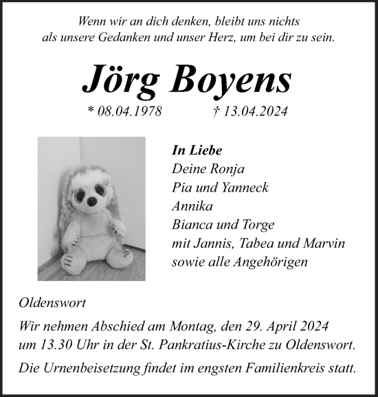 Traueranzeige von Jörg Boyens von Husumer Nachrichten, Nordfriesland Tageblatt