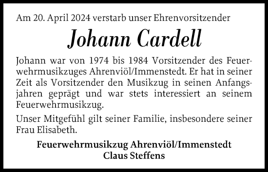 Traueranzeige von Johann Cardell von Husumer Nachrichten, Nordfriesland Tageblatt