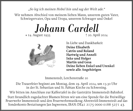 Traueranzeige von Johann Cardell von Husumer Nachrichten, Nordfriesland Tageblatt
