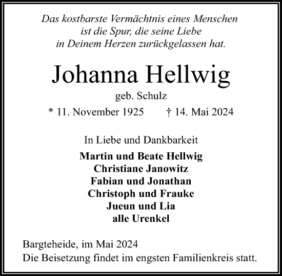 Traueranzeige von Johanna Hellwig von Stormaner Tageblatt
