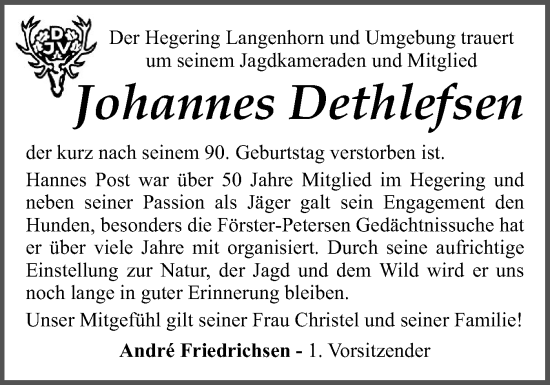 Traueranzeige von Johannes Dethlefsen von Husumer Nachrichten, Nordfriesland Tageblatt