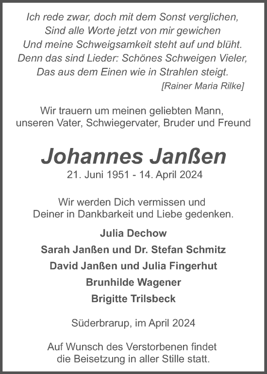 Traueranzeige von Johannes Janßen von Schleswiger Nachrichten, Schlei-Bote