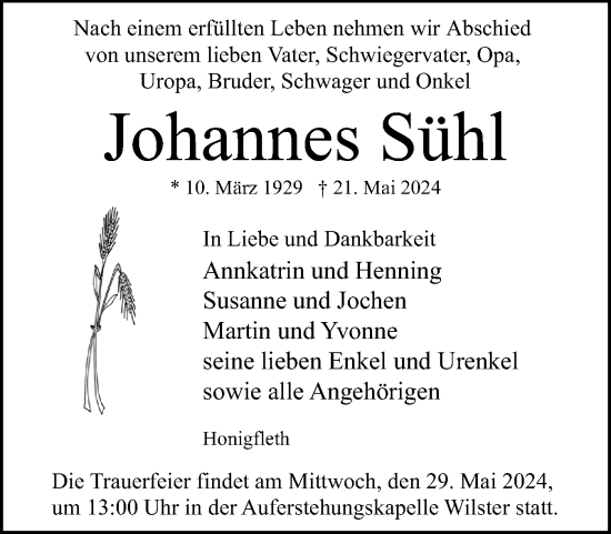 Traueranzeige von Johannes Sühl von Norddeutsche Rundschau, Wilstersche Zeitung, Glückstädter Fortuna
