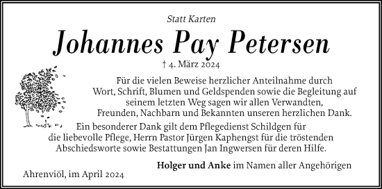 Traueranzeige von Johannes Pay Petersen von Husumer Nachrichten, Nordfriesland Tageblatt