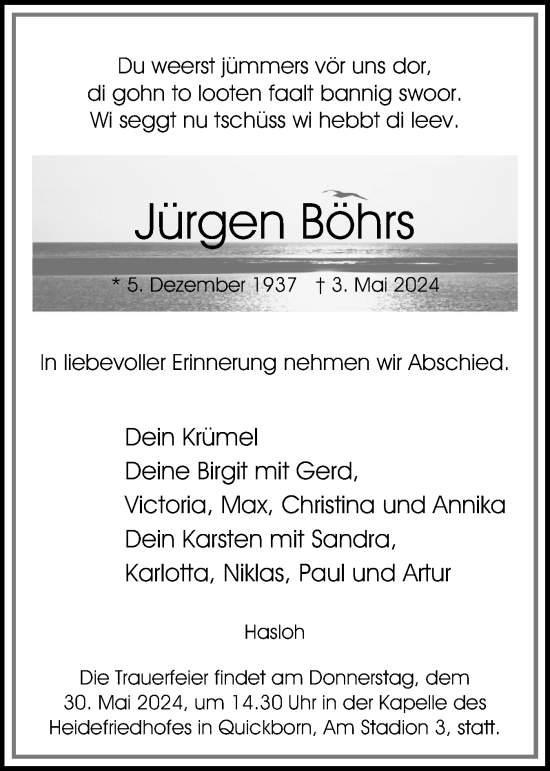 Traueranzeige von Jürgen Böhrs von Region Pinneberg und tip Pinneberg