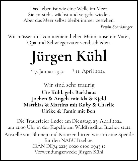 Traueranzeige von Jürgen Kühl von Norddeutsche Rundschau, Wilstersche Zeitung, Glückstädter Fortuna