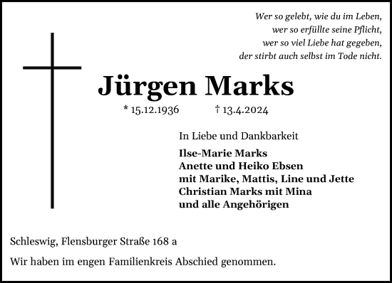 Traueranzeige von Jürgen Marks von Schleswiger Nachrichten, Schlei-Bote