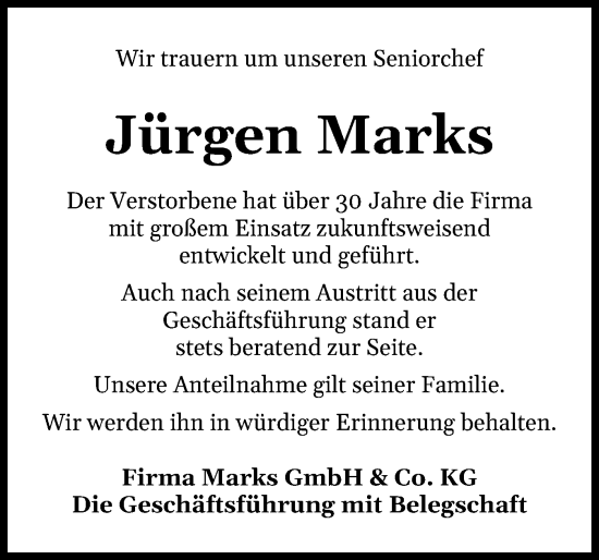 Traueranzeige von Jürgen Marks von Schleswiger Nachrichten, Schlei-Bote
