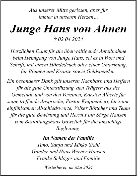 Traueranzeige von Junge Hans von Ahnen von Husumer Nachrichten, Nordfriesland Tageblatt