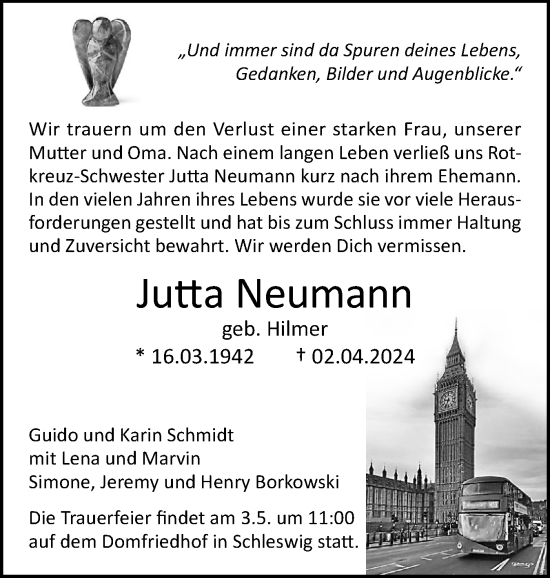 Traueranzeige von Jutta Neumann von Schleswiger Nachrichten, Schlei-Bote