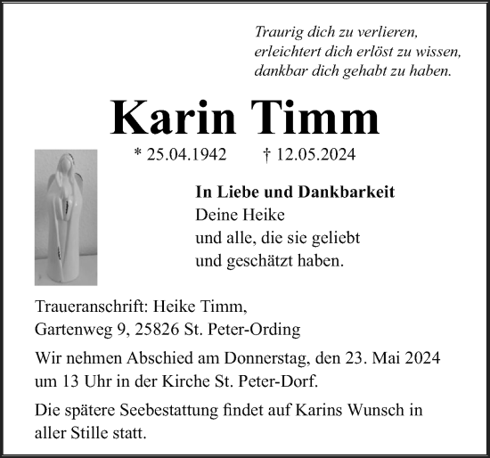 Traueranzeige von Karin Timm von Husumer Nachrichten, Nordfriesland Tageblatt