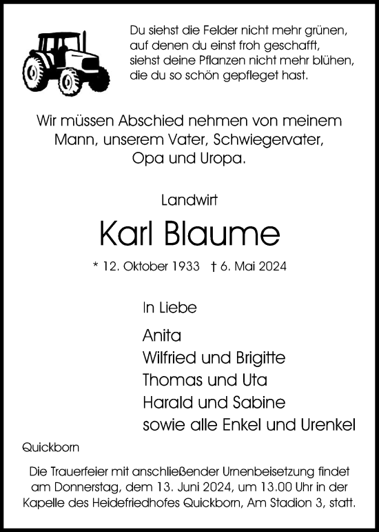 Traueranzeige von Karl Blaume von Region Pinneberg und tip Pinneberg