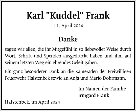 Traueranzeige von Karl Frank von Region Pinneberg und tip Pinneberg