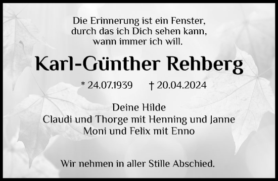 Traueranzeige von Karl-Günther Rehberg von Norddeutsche Rundschau, Wilstersche Zeitung, Glückstädter Fortuna