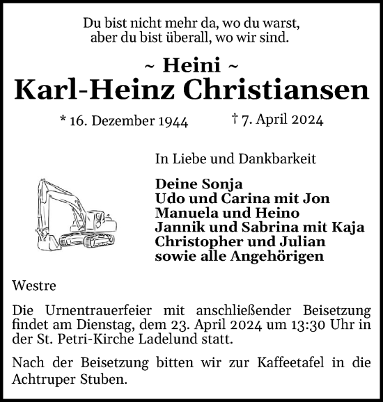Traueranzeige von Karl-Heinz Christiansen von Husumer Nachrichten, Nordfriesland Tageblatt