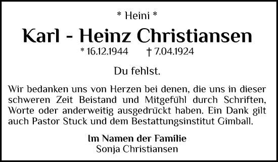 Traueranzeige von Karl-Heinz Christiansen von Husumer Nachrichten, Nordfriesland Tageblatt