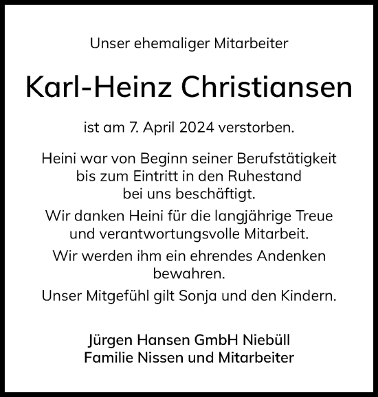 Traueranzeige von Karl-Heinz Christiansen von Husumer Nachrichten, Nordfriesland Tageblatt
