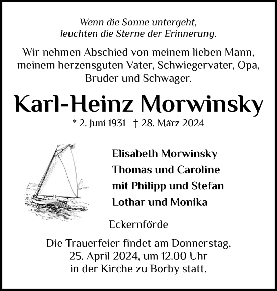 Traueranzeige von Karl-Heinz Morwinsky von Eckernförder Zeitung, Hallo Eckernförde