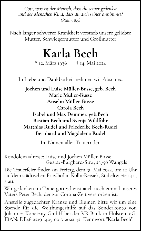 Traueranzeige von Karla Bech von Elmshorner Nachrichten, Barmstedter Zeitung
