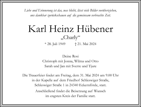 Traueranzeige von Karl Heinz Hübener von Schleswiger Nachrichten, Schlei-Bote