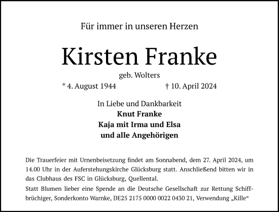 Traueranzeige von Kirsten Franke von Flensburger Tageblatt