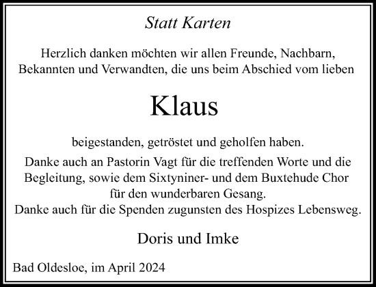 Traueranzeige von Klaus  von Stormaner Tageblatt