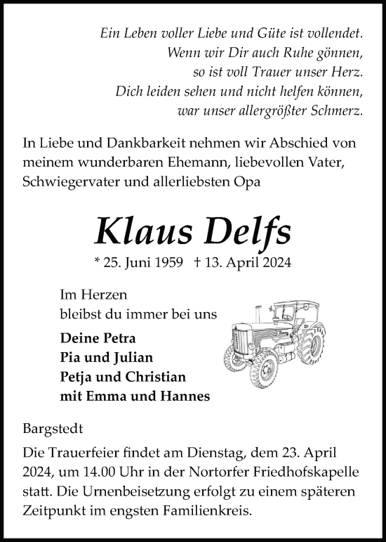 Traueranzeige von Klaus Delfs von Schleswig-Holsteinische Landeszeitung