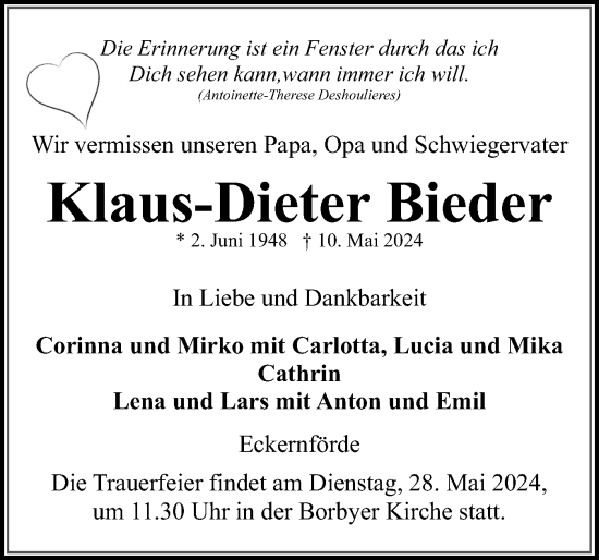 Traueranzeige von Klaus-Dieter Bieder von Eckernförder Zeitung, Hallo Eckernförde