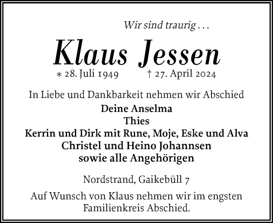 Traueranzeige von Klaus Jessen von Husumer Nachrichten, Nordfriesland Tageblatt