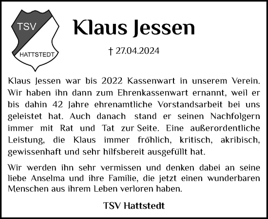 Traueranzeige von Klaus Jessen von Husumer Nachrichten, Nordfriesland Tageblatt
