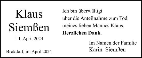 Traueranzeige von Klaus Siemßen von Norddeutsche Rundschau, Wilstersche Zeitung, Glückstädter Fortuna