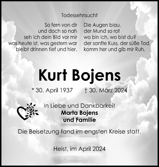 Traueranzeige von Kurt Bojens von Uetersener Nachrichten, Der tip am Wochenende