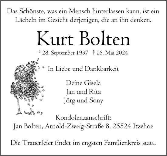Traueranzeige von Kurt Bolten von Norddeutsche Rundschau, Wilstersche Zeitung, Glückstädter Fortuna