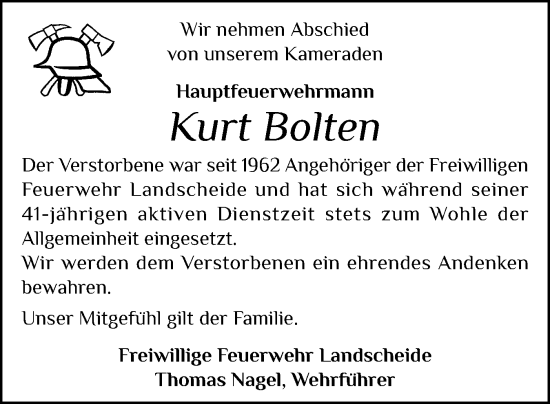Traueranzeige von Kurt Bolten von Norddeutsche Rundschau, Wilstersche Zeitung, Glückstädter Fortuna