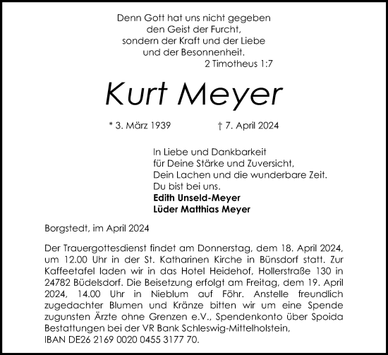 Traueranzeige von Kurt Meyer von Schleswig-Holsteinische Landeszeitung
