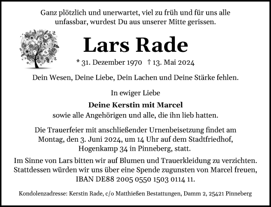 Traueranzeige von Lars Rade von Region Pinneberg und tip Pinneberg