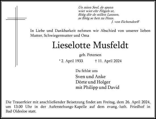 Traueranzeige von Lieselotte Musfeldt von Stormaner Tageblatt