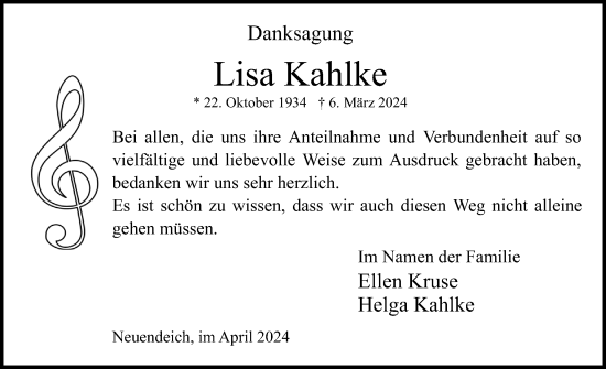 Traueranzeige von Lisa Kahlke von Uetersener Nachrichten, Der tip am Wochenende