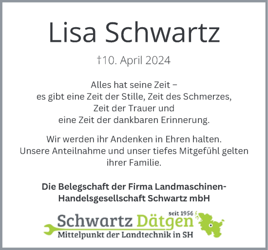 Traueranzeige von Lisa Schwartz von Schleswig-Holsteinische Landeszeitung