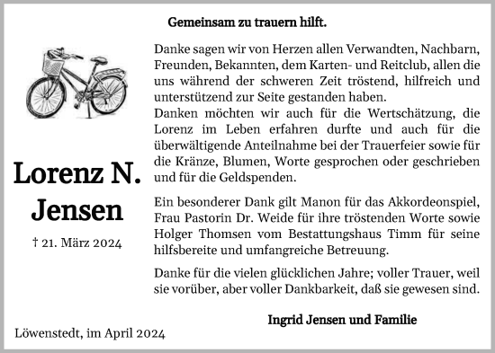 Traueranzeige von Lorenz N. Jensen von Husumer Nachrichten, Nordfriesland Tageblatt