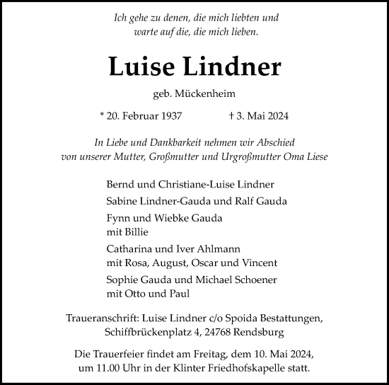 Traueranzeige von Luise Lindner von Schleswig-Holsteinische Landeszeitung