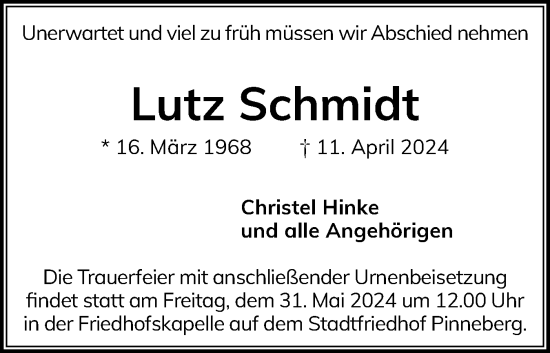 Traueranzeige von Lutz Schmidt von Region Pinneberg und tip Pinneberg