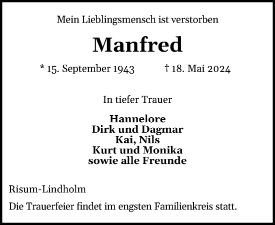 Traueranzeige von Manfred  von Husumer Nachrichten, Nordfriesland Tageblatt