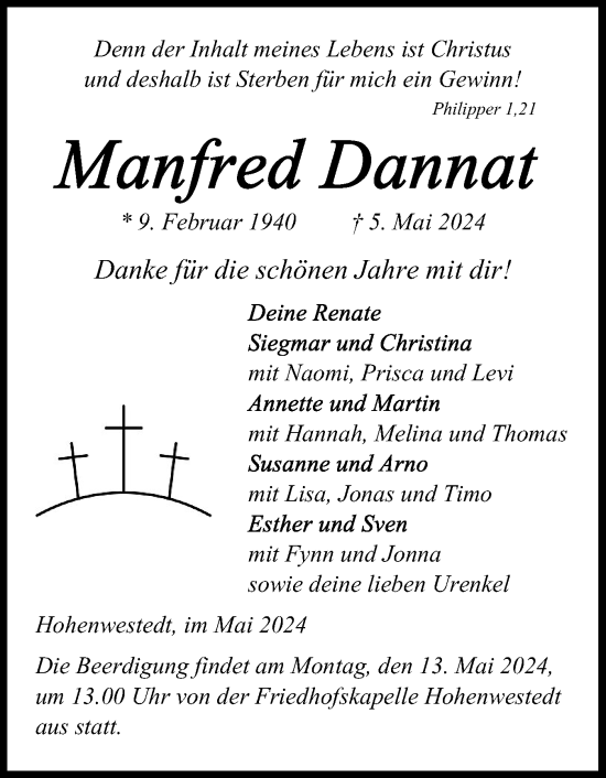 Traueranzeige von Manfred Dannat von Schleswig-Holsteinische Landeszeitung