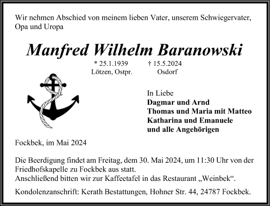 Traueranzeige von Manfred Wilhelm Baranowski von Schleswig-Holsteinische Landeszeitung