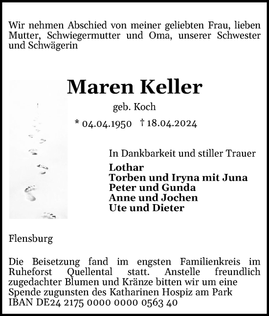Traueranzeige von Maren Keller von Region Flensburg