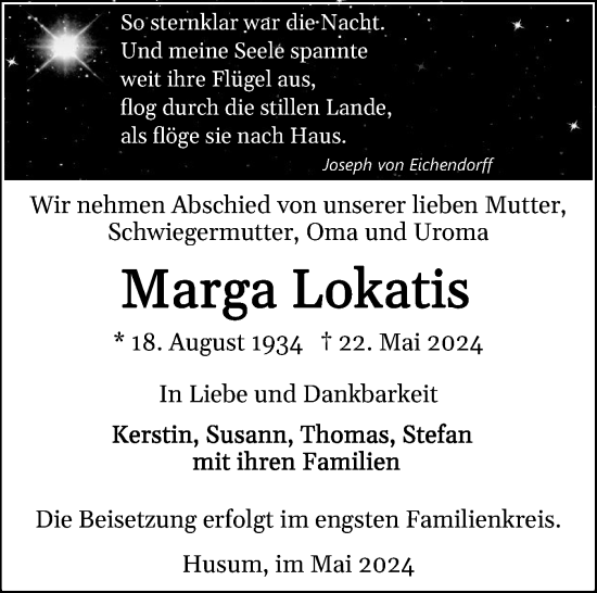Traueranzeige von Marga Lokatis von Husumer Nachrichten, Nordfriesland Tageblatt