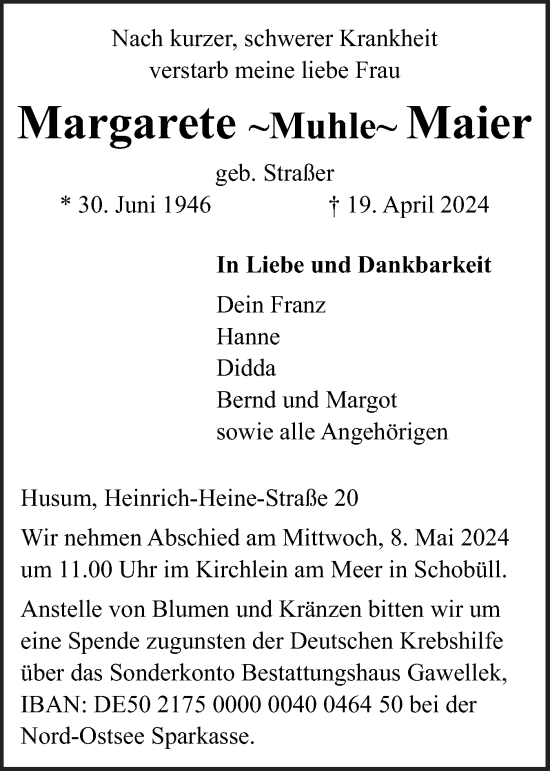 Traueranzeige von Margarete Maier von Husumer Nachrichten, Nordfriesland Tageblatt