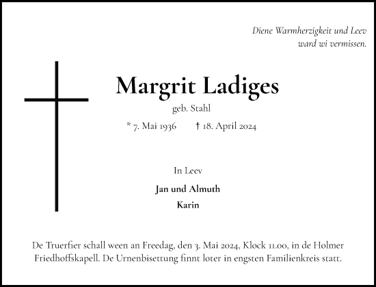 Traueranzeige von Margrit Ladiges von Uetersener Nachrichten, Der tip am Wochenende