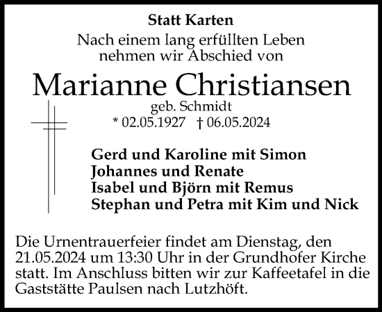 Traueranzeige von Marianne Christiansen von Flensburger Tageblatt